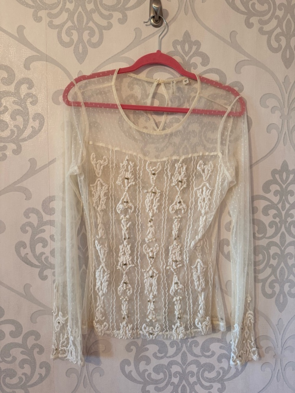 Sheer Ivory Embroidered Long-Sleeve Top